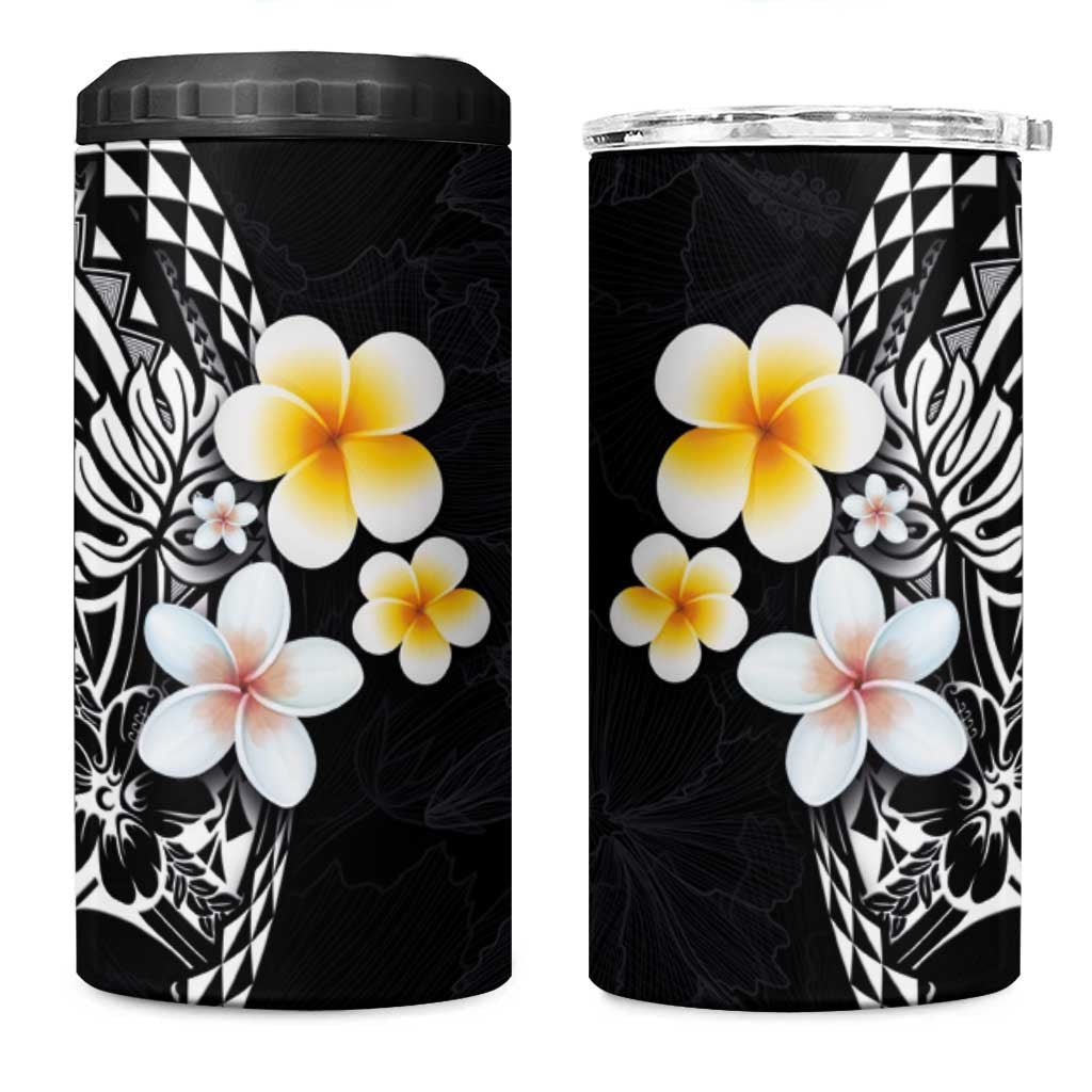 Hawaiian Hibiscus and Plumeria Polynesian Tribal Tattoo 4 in 1 Can Cooler Tumbler Black Color