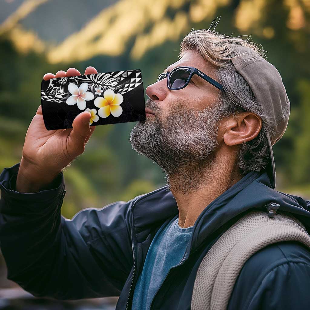 Hawaiian Hibiscus and Plumeria Polynesian Tribal Tattoo 4 in 1 Can Cooler Tumbler Black Color