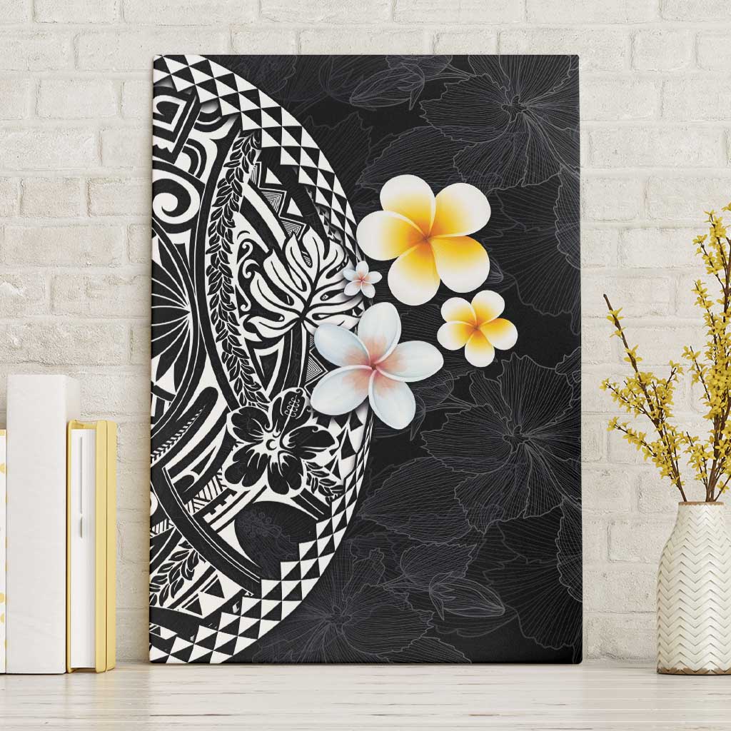 Hawaiian Hibiscus and Plumeria Polynesian Tribal Tattoo Canvas Wall Art Black Color