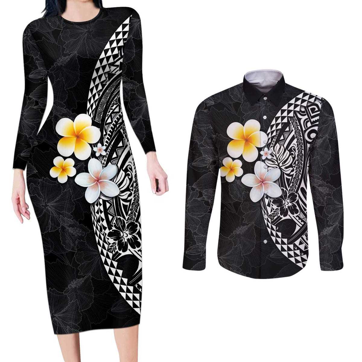 Hawaiian Hibiscus and Plumeria Polynesian Tribal Tattoo Couples Matching Long Sleeve Bodycon Dress and Long Sleeve Button Shirt Black Color