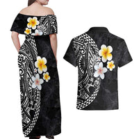 Hawaiian Hibiscus and Plumeria Polynesian Tribal Tattoo Couples Matching Off Shoulder Maxi Dress and Hawaiian Shirt Black Color