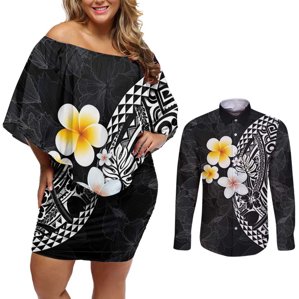 Hawaiian Hibiscus and Plumeria Polynesian Tribal Tattoo Couples Matching Off Shoulder Short Dress and Long Sleeve Button Shirt Black Color