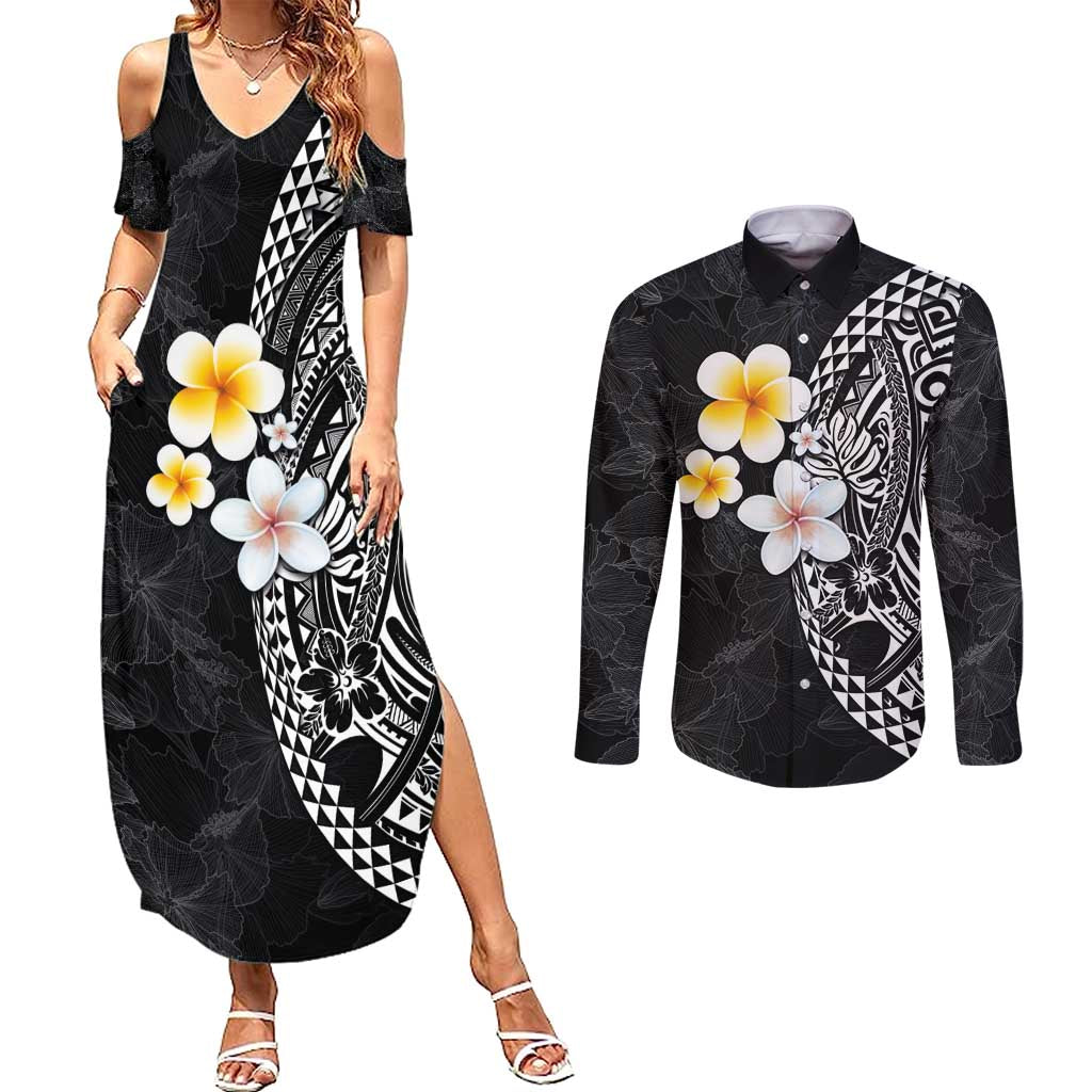 Hawaiian Hibiscus and Plumeria Polynesian Tribal Tattoo Couples Matching Summer Maxi Dress and Long Sleeve Button Shirt Black Color