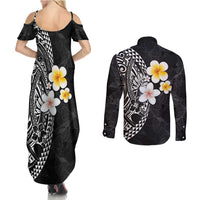 Hawaiian Hibiscus and Plumeria Polynesian Tribal Tattoo Couples Matching Summer Maxi Dress and Long Sleeve Button Shirt Black Color