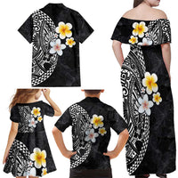 Hawaiian Hibiscus and Plumeria Polynesian Tribal Tattoo Family Matching Off Shoulder Maxi Dress and Hawaiian Shirt Black Color