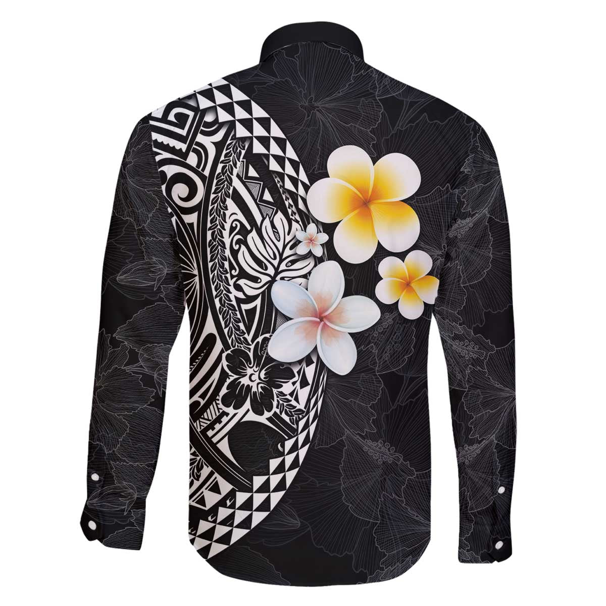 Hawaiian Hibiscus and Plumeria Polynesian Tribal Tattoo Family Matching Puletasi and Hawaiian Shirt Black Color