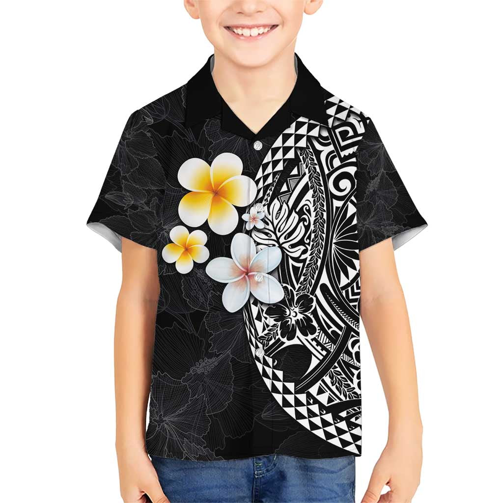 Hawaiian Hibiscus and Plumeria Polynesian Tribal Tattoo Kid Hawaiian Shirt Black Color LT03 Kid Black - Polynesian Pride