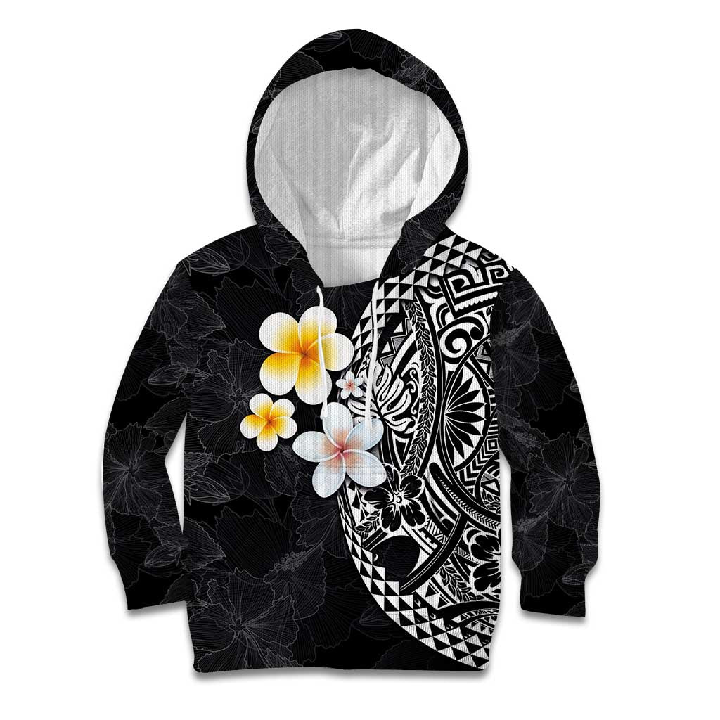 Hawaiian Hibiscus and Plumeria Polynesian Tribal Tattoo Kid Hoodie Black Color