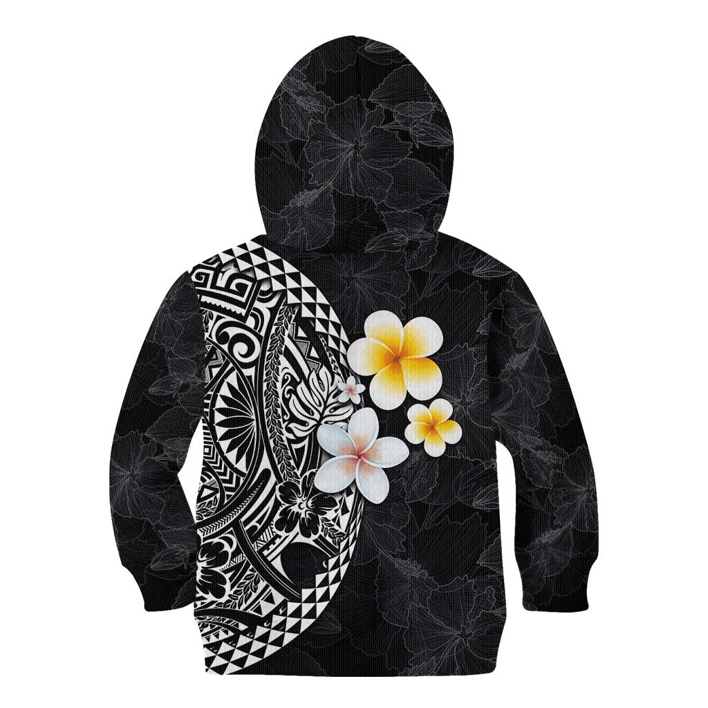 Hawaiian Hibiscus and Plumeria Polynesian Tribal Tattoo Kid Hoodie Black Color