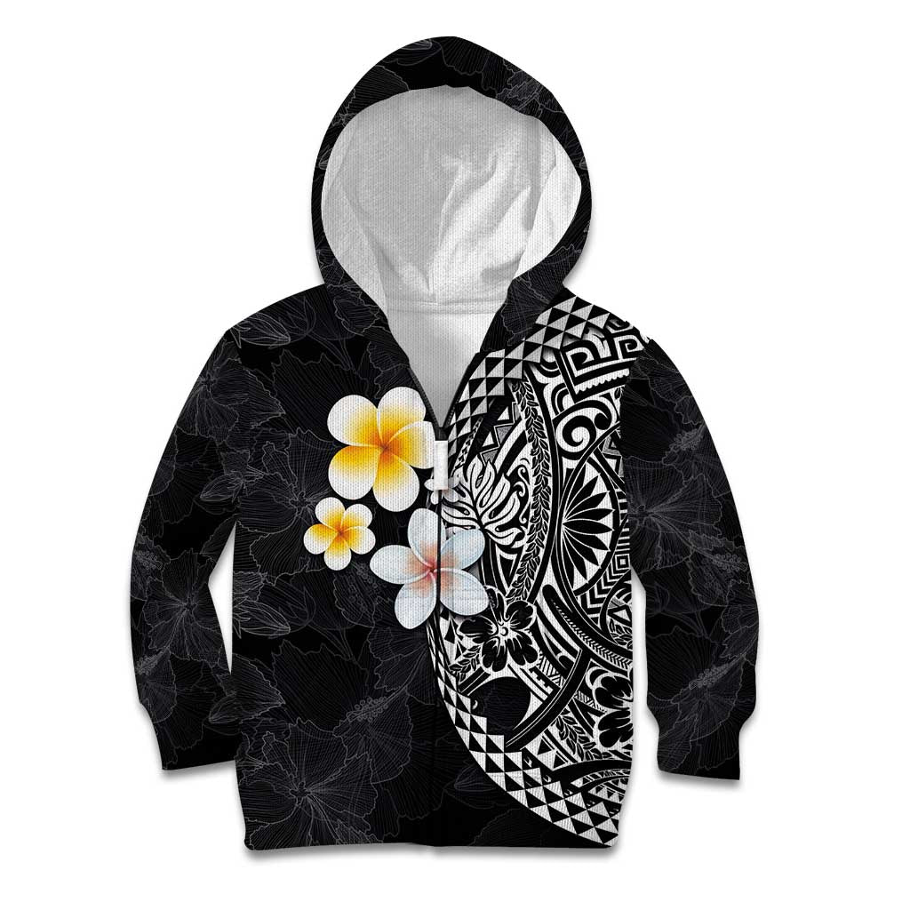 Hawaiian Hibiscus and Plumeria Polynesian Tribal Tattoo Kid Hoodie Black Color