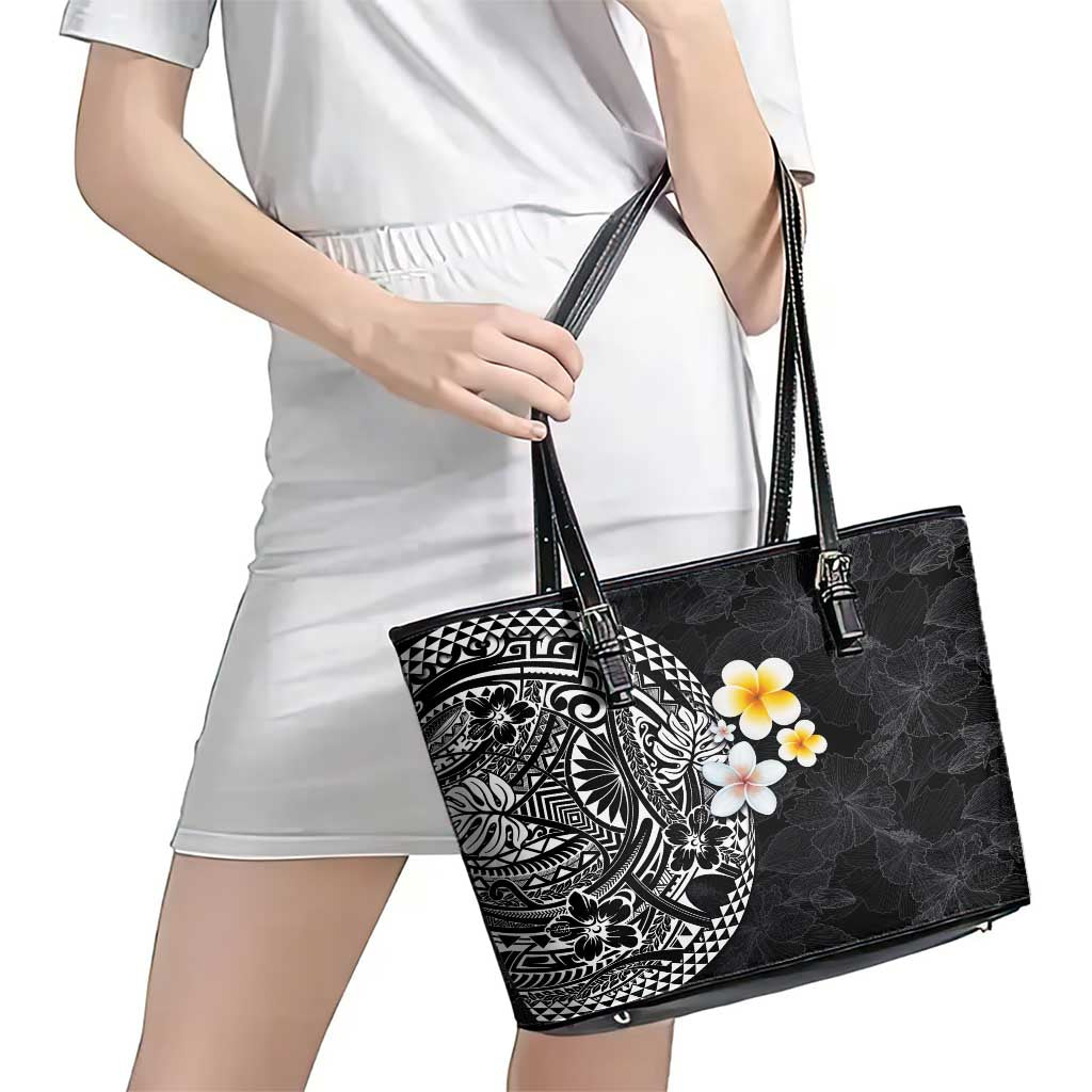 Hawaiian Hibiscus and Plumeria Polynesian Tribal Tattoo Leather Tote Bag Black Color LT03 - Polynesian Pride