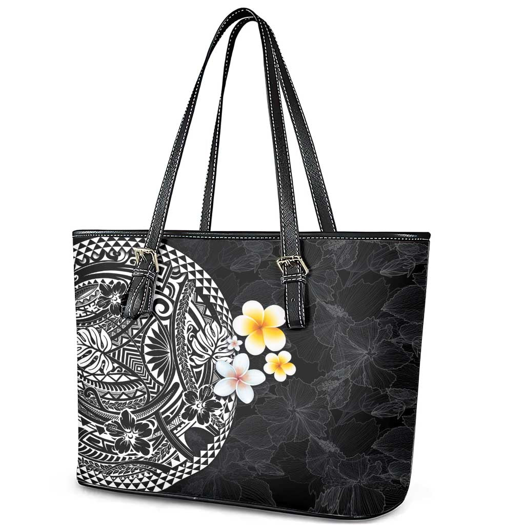 Hawaiian Hibiscus and Plumeria Polynesian Tribal Tattoo Leather Tote Bag Black Color LT03 - Polynesian Pride