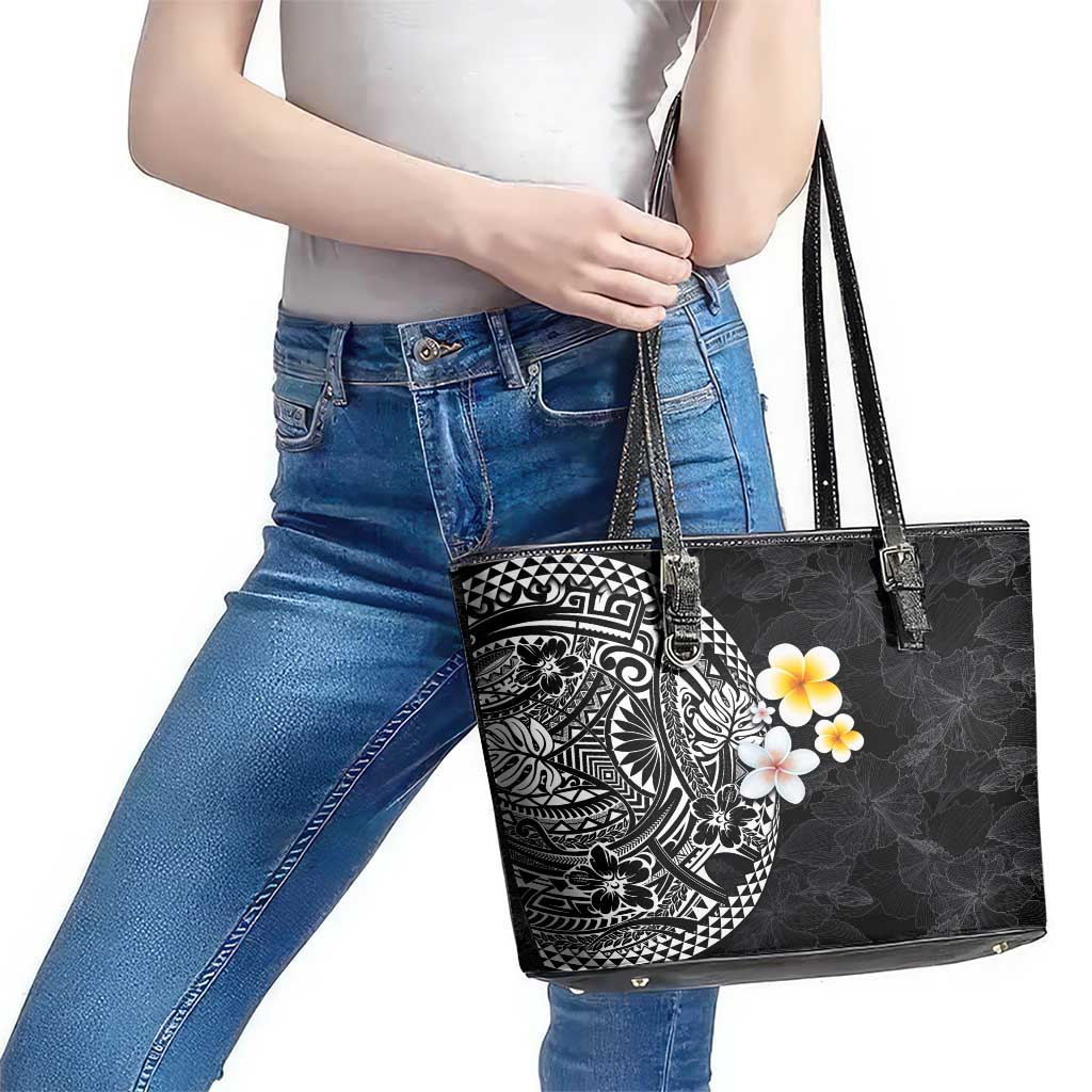 Hawaiian Hibiscus and Plumeria Polynesian Tribal Tattoo Leather Tote Bag Black Color LT03 - Polynesian Pride