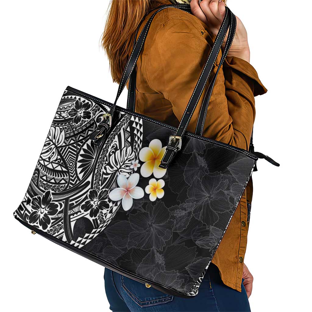 Hawaiian Hibiscus and Plumeria Polynesian Tribal Tattoo Leather Tote Bag Black Color LT03 - Polynesian Pride