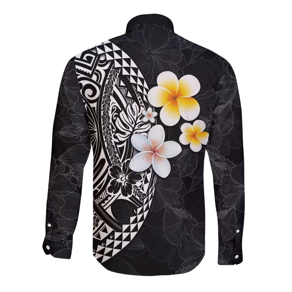 Hawaiian Hibiscus and Plumeria Polynesian Tribal Tattoo Long Sleeve Button Shirt Black Color LT03 - Polynesian Pride