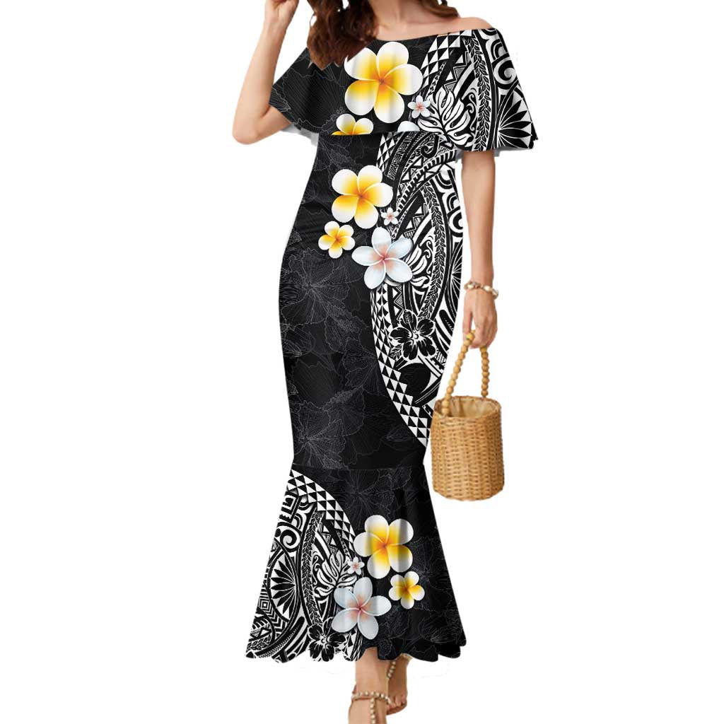 Hawaiian Hibiscus and Plumeria Polynesian Tribal Tattoo Mermaid Dress Black Color