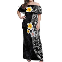 Hawaiian Hibiscus and Plumeria Polynesian Tribal Tattoo Off Shoulder Maxi Dress Black Color