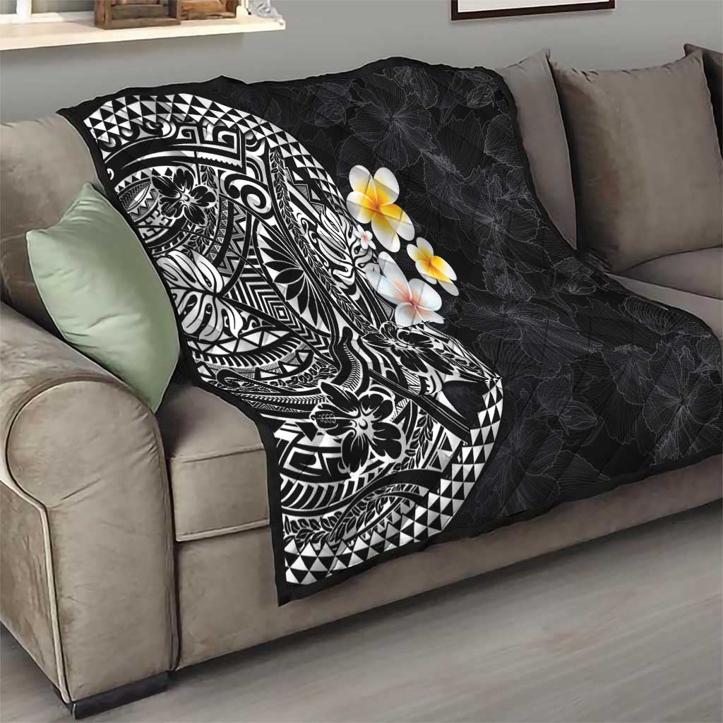 Hawaiian Hibiscus and Plumeria Polynesian Tribal Tattoo Quilt Black Color
