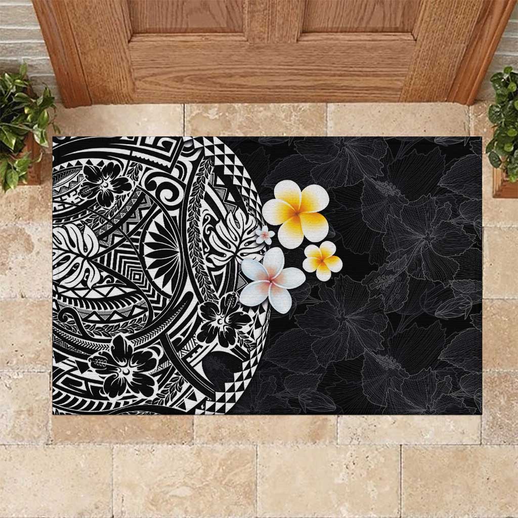 Hawaiian Hibiscus and Plumeria Polynesian Tribal Tattoo Rubber Doormat Black Color LT03 Black - Polynesian Pride