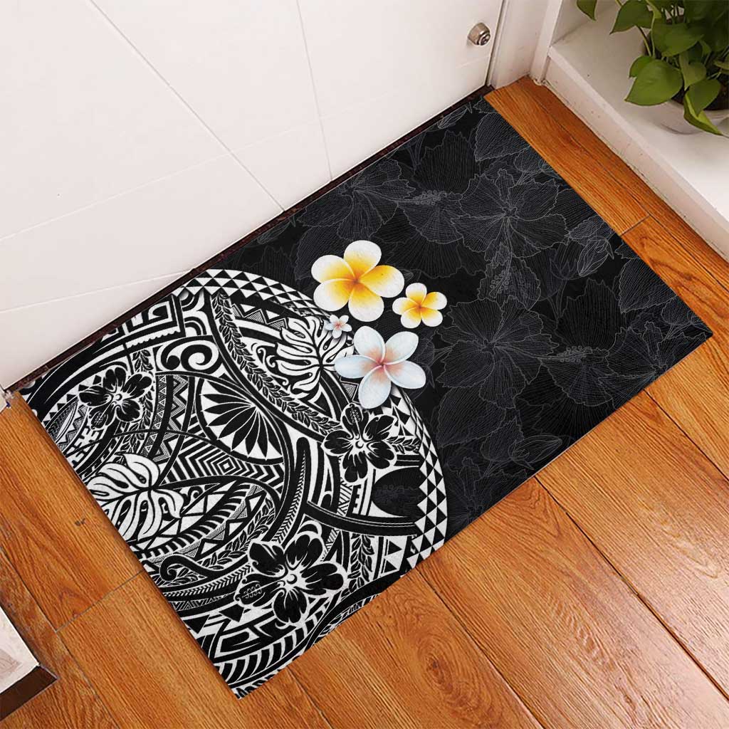 Hawaiian Hibiscus and Plumeria Polynesian Tribal Tattoo Rubber Doormat Black Color LT03 - Polynesian Pride