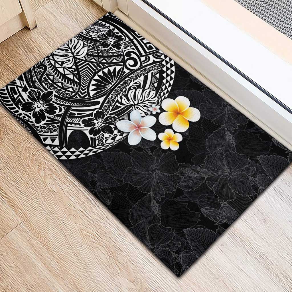 Hawaiian Hibiscus and Plumeria Polynesian Tribal Tattoo Rubber Doormat Black Color LT03 - Polynesian Pride