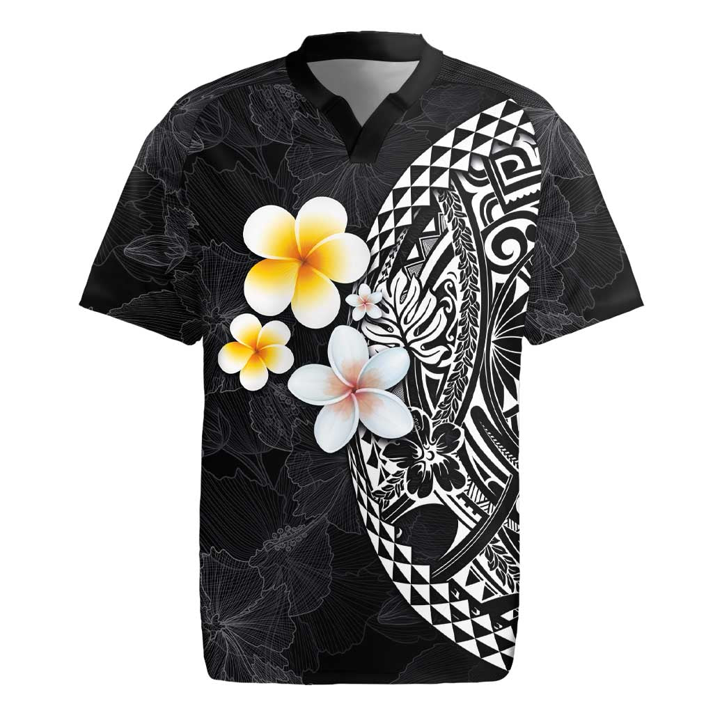Hawaiian Hibiscus and Plumeria Polynesian Tribal Tattoo Rugby Jersey Black Color
