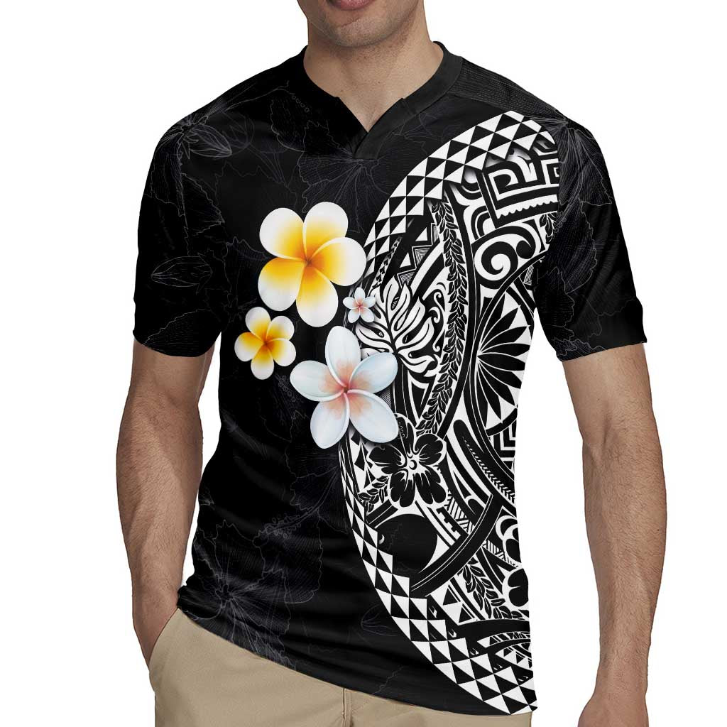 Hawaiian Hibiscus and Plumeria Polynesian Tribal Tattoo Rugby Jersey Black Color
