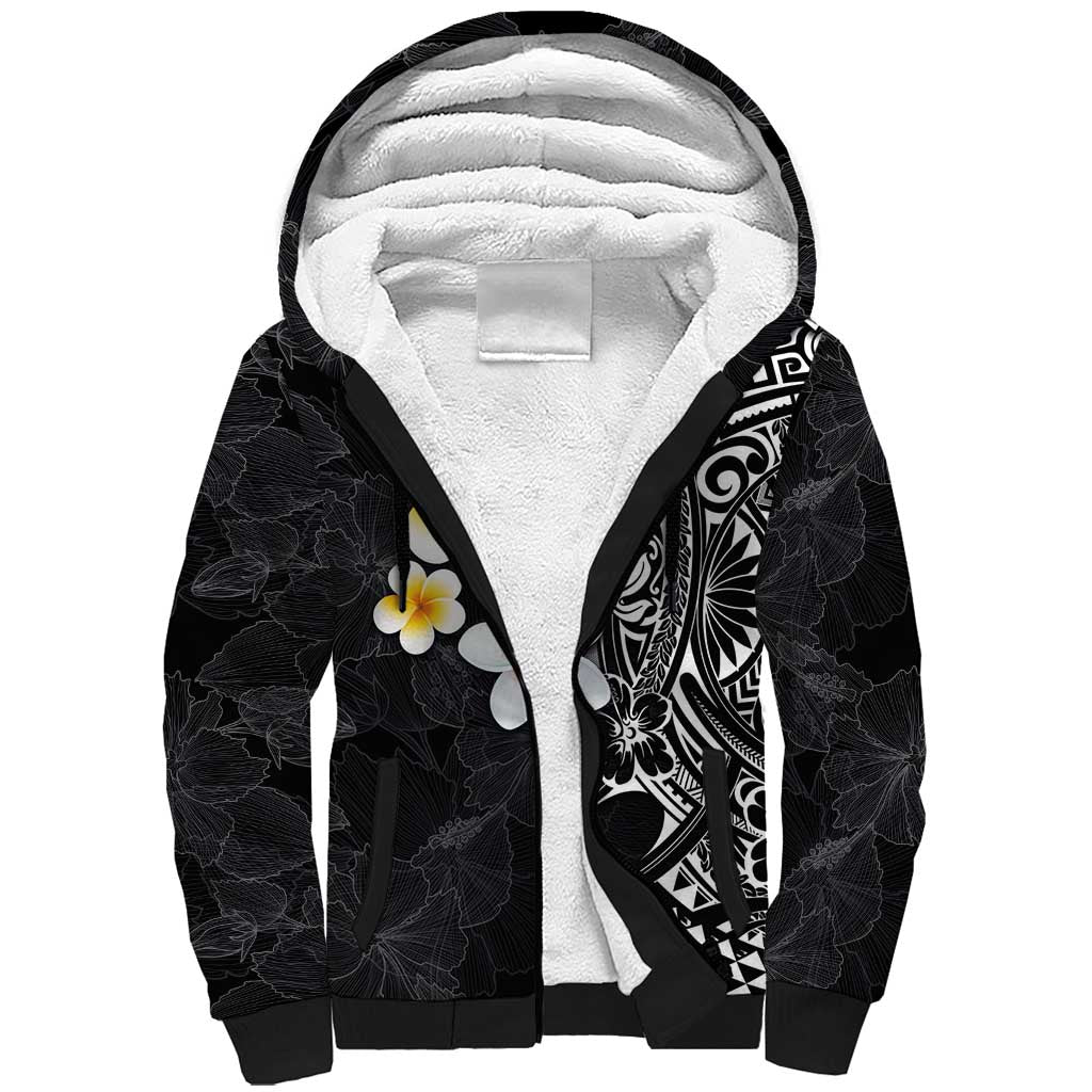 Hawaiian Hibiscus and Plumeria Polynesian Tribal Tattoo Sherpa Hoodie Black Color