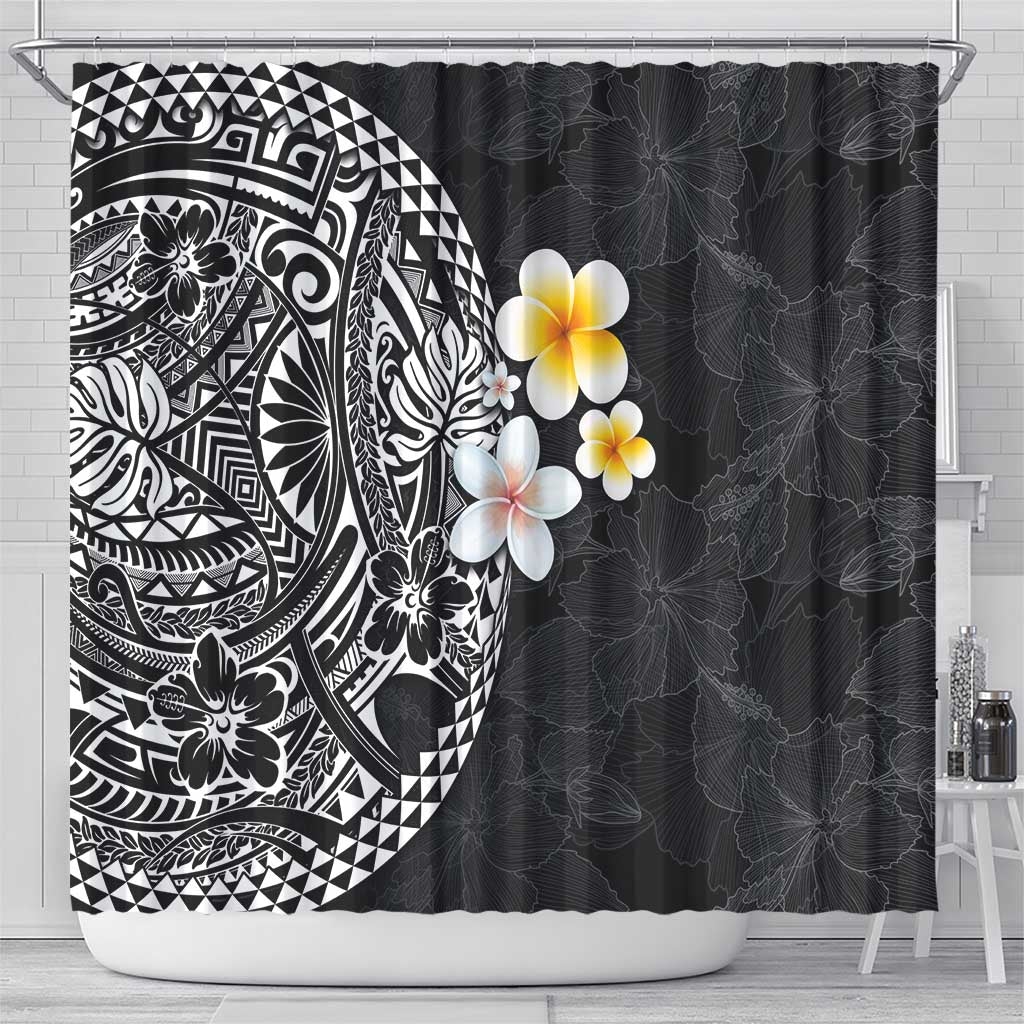 Hawaiian Hibiscus and Plumeria Polynesian Tribal Tattoo Shower Curtain Black Color LT03 - Polynesian Pride