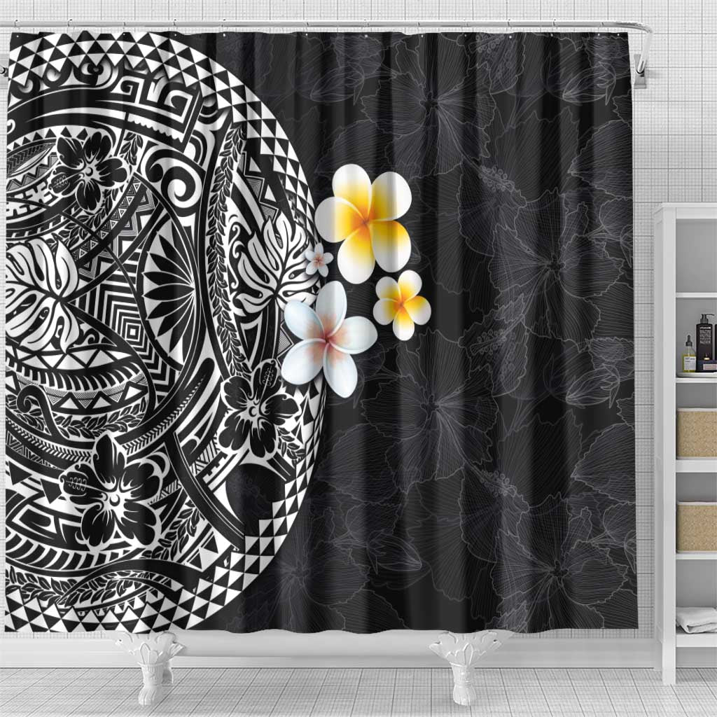 Hawaiian Hibiscus and Plumeria Polynesian Tribal Tattoo Shower Curtain Black Color LT03 - Polynesian Pride