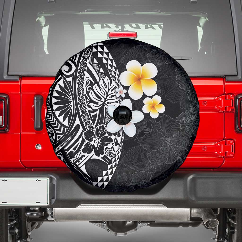 Hawaiian Hibiscus and Plumeria Polynesian Tribal Tattoo Spare Tire Cover Black Color