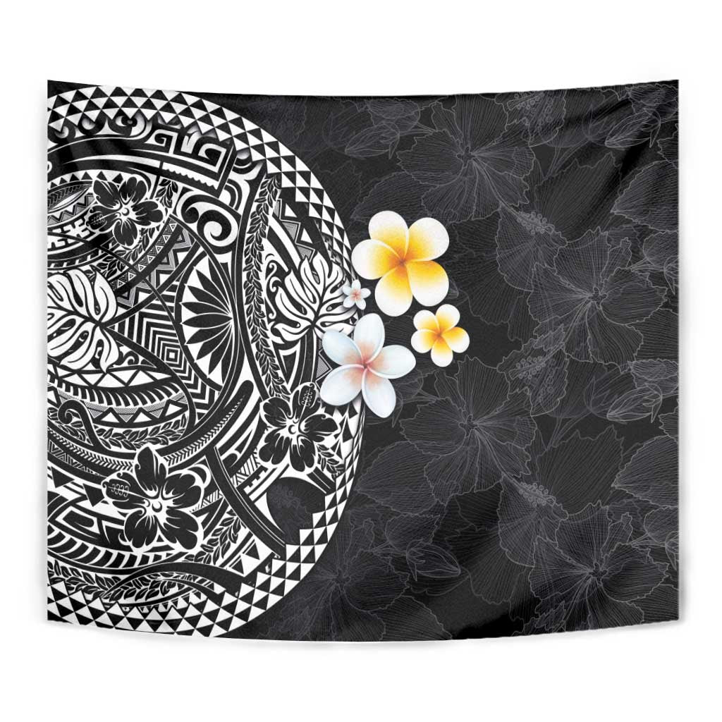 Hawaiian Hibiscus and Plumeria Polynesian Tribal Tattoo Tapestry Black Color