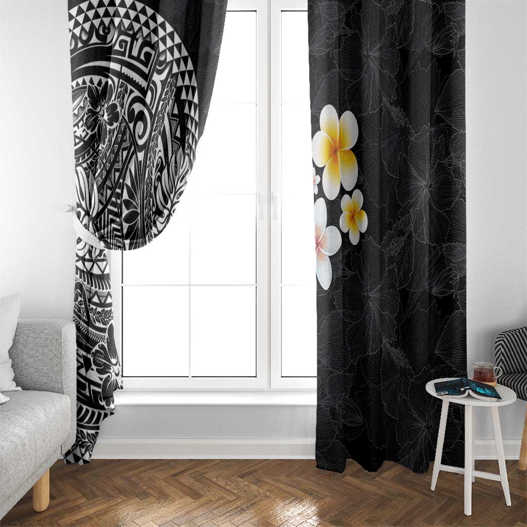 Hawaiian Hibiscus and Plumeria Polynesian Tribal Tattoo Window Curtain Black Color