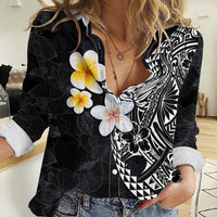Hawaiian Hibiscus and Plumeria Polynesian Tribal Tattoo Women Casual Shirt Black Color