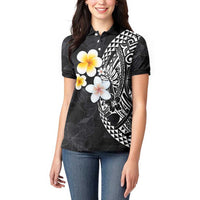 Hawaiian Hibiscus and Plumeria Polynesian Tribal Tattoo Women Polo Shirt Black Color