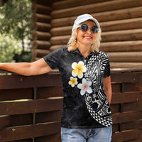 Hawaiian Hibiscus and Plumeria Polynesian Tribal Tattoo Women Polo Shirt Black Color