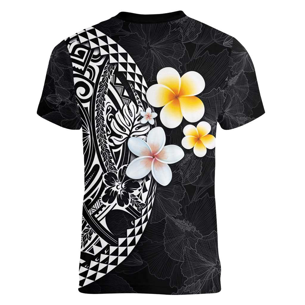 Hawaiian Hibiscus and Plumeria Polynesian Tribal Tattoo Women V-Neck T-Shirt Black Color LT03 - Polynesian Pride
