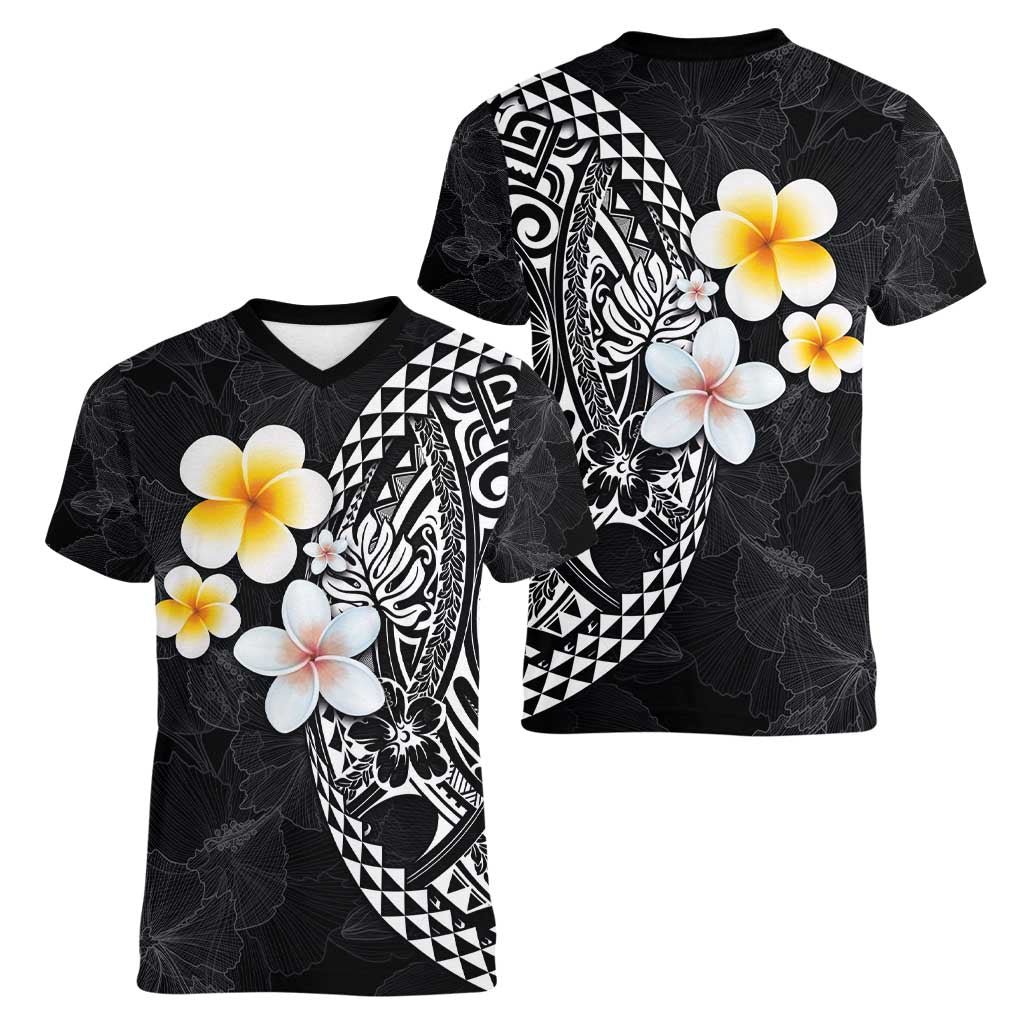 Hawaiian Hibiscus and Plumeria Polynesian Tribal Tattoo Women V-Neck T-Shirt Black Color LT03 - Polynesian Pride