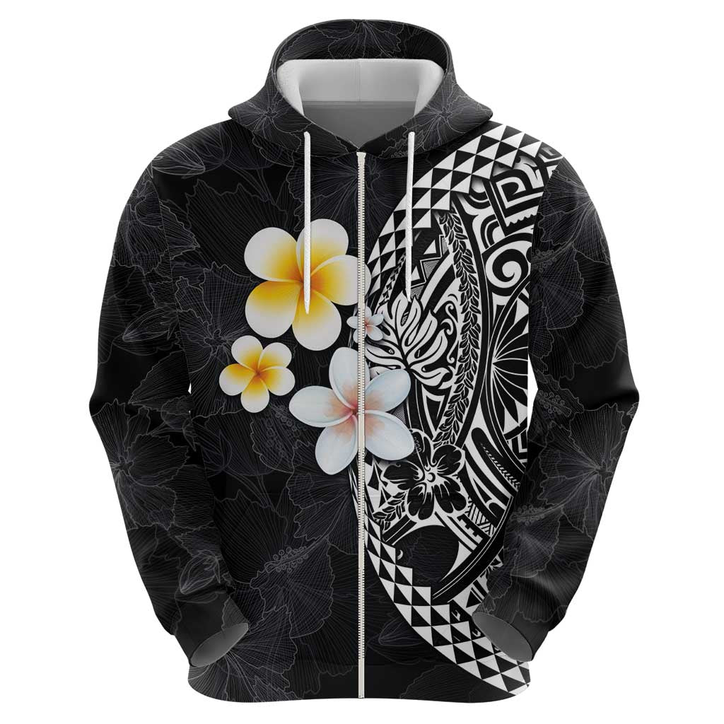 Hawaiian Hibiscus and Plumeria Polynesian Tribal Tattoo Zip Hoodie Black Color LT03 - Polynesian Pride