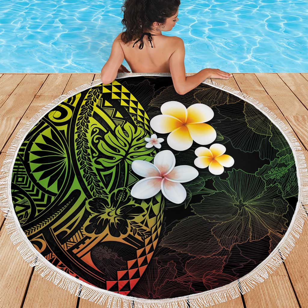 Hawaiian Hibiscus and Plumeria Polynesian Tribal Tattoo Beach Blanket Reggae Color
