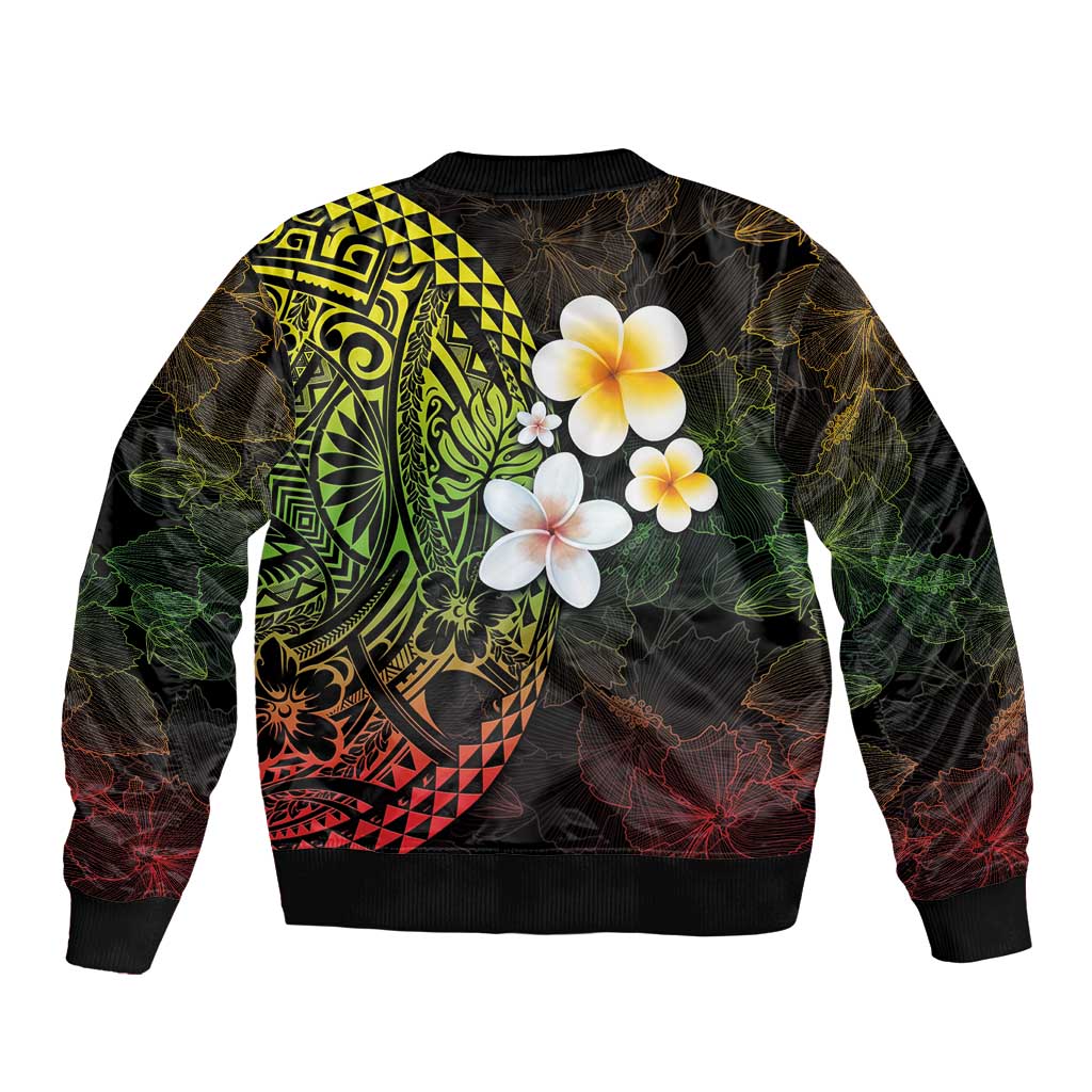 Hawaiian Hibiscus and Plumeria Polynesian Tribal Tattoo Bomber Jacket Reggae Color