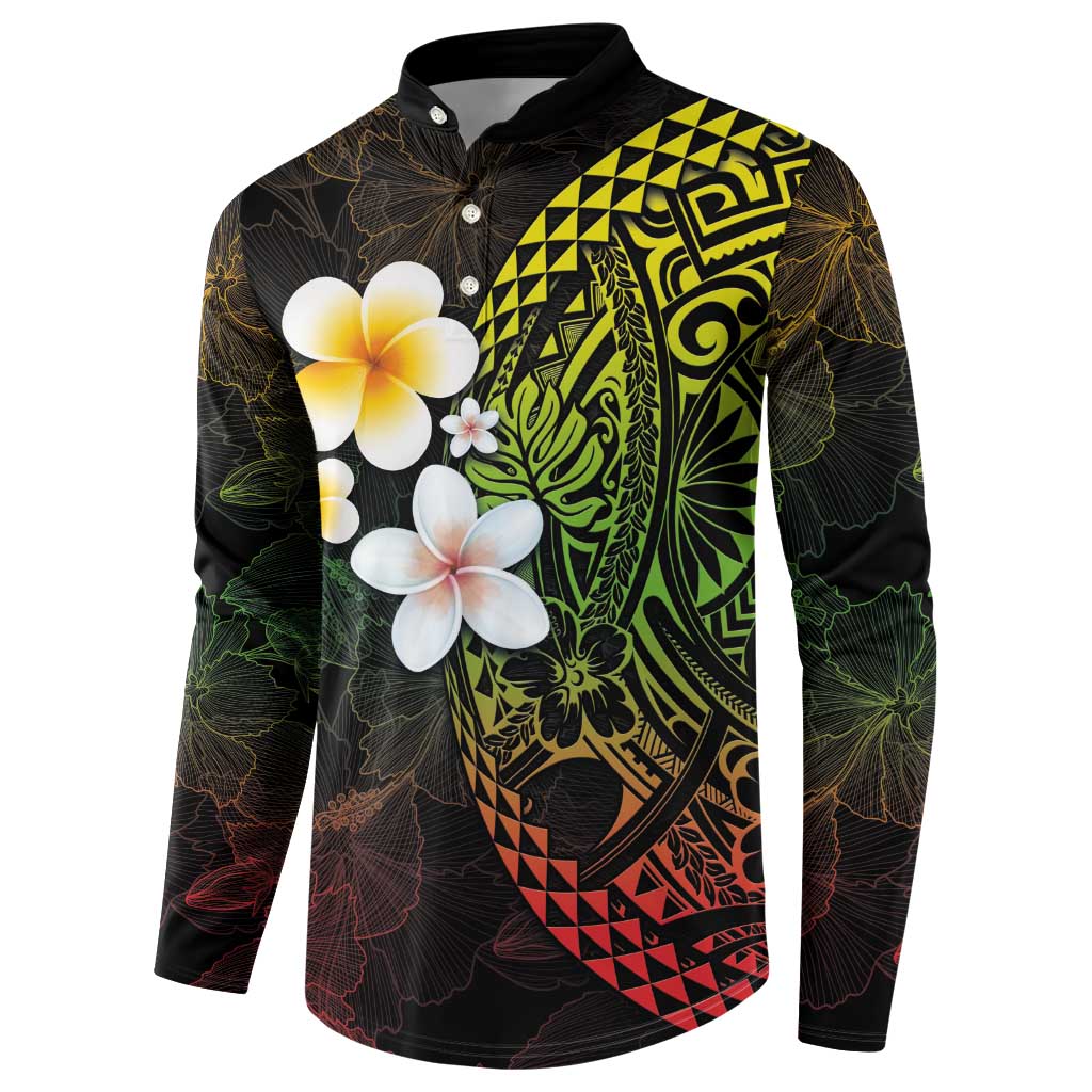 Hawaiian Hibiscus and Plumeria Polynesian Tribal Tattoo Button Sweatshirt Reggae Color