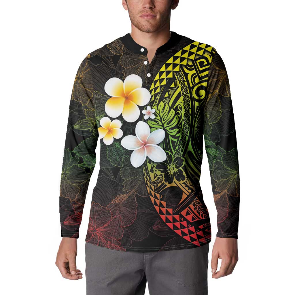 Hawaiian Hibiscus and Plumeria Polynesian Tribal Tattoo Button Sweatshirt Reggae Color