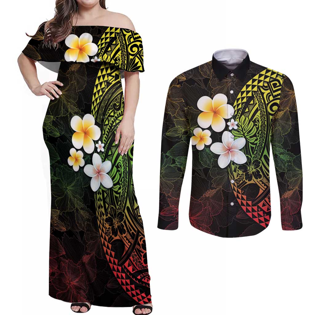 Hawaiian Hibiscus and Plumeria Polynesian Tribal Tattoo Couples Matching Off Shoulder Maxi Dress and Long Sleeve Button Shirt Reggae Color