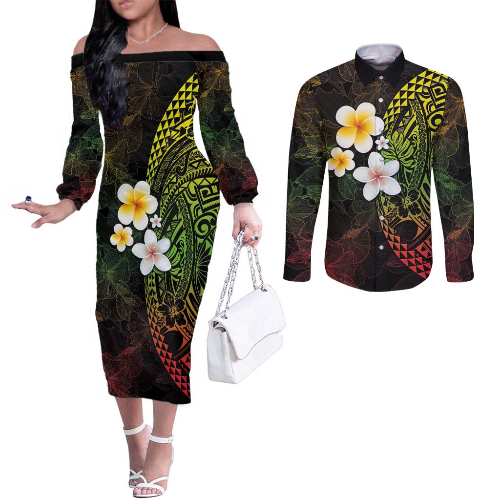 Hawaiian Hibiscus and Plumeria Polynesian Tribal Tattoo Couples Matching Off The Shoulder Long Sleeve Dress and Long Sleeve Button Shirt Reggae Color