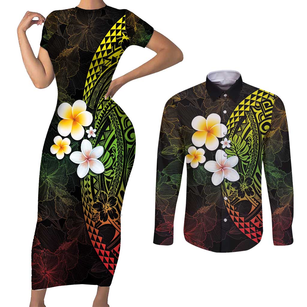 Hawaiian Hibiscus and Plumeria Polynesian Tribal Tattoo Couples Matching Short Sleeve Bodycon Dress and Long Sleeve Button Shirt Reggae Color
