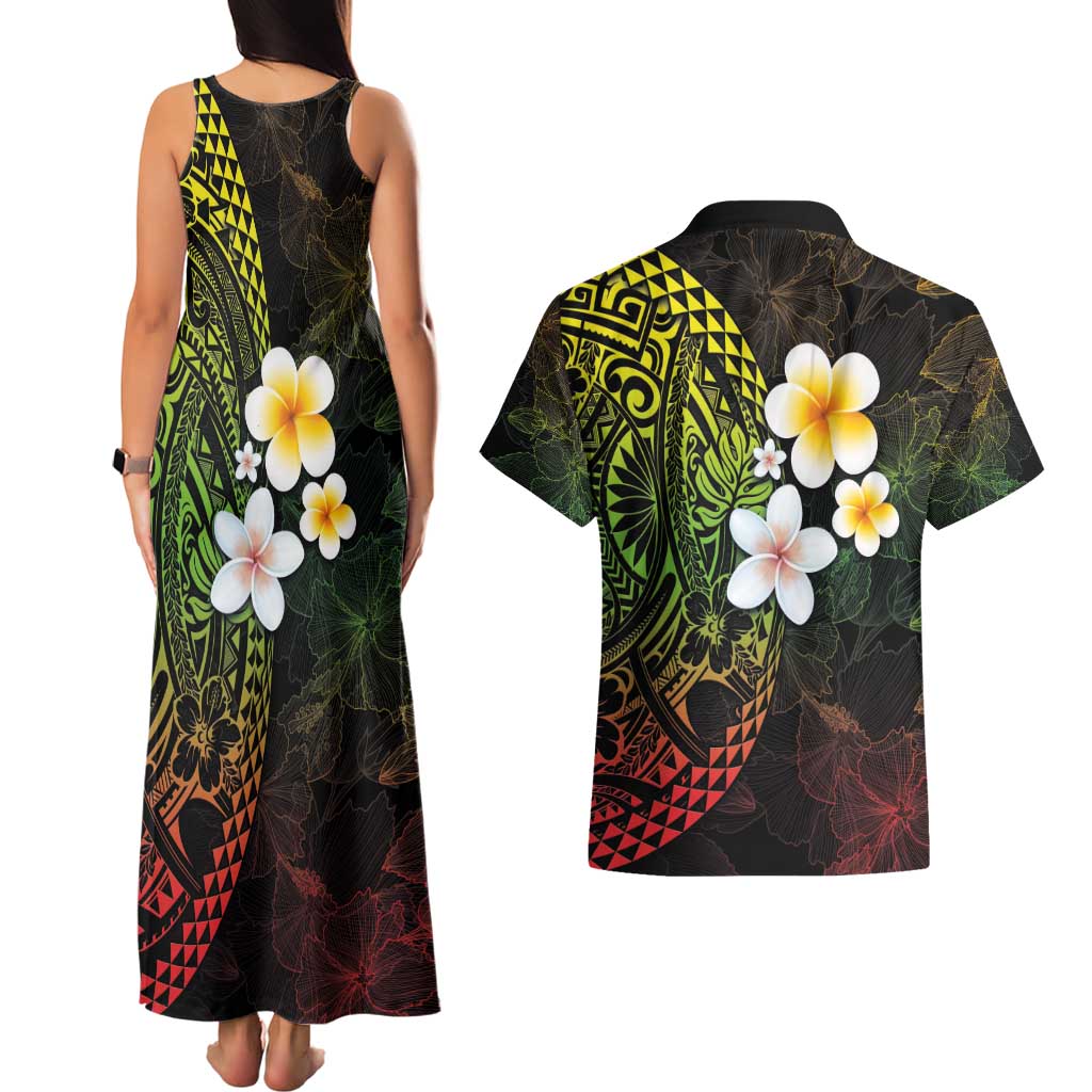 Hawaiian Hibiscus and Plumeria Polynesian Tribal Tattoo Couples Matching Tank Maxi Dress and Hawaiian Shirt Reggae Color