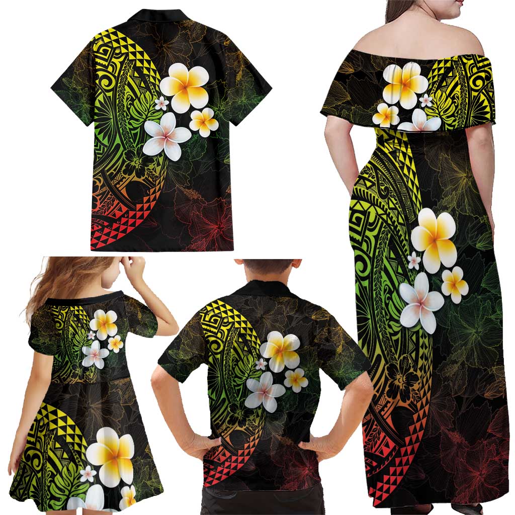 Hawaiian Hibiscus and Plumeria Polynesian Tribal Tattoo Family Matching Off Shoulder Maxi Dress and Hawaiian Shirt Reggae Color