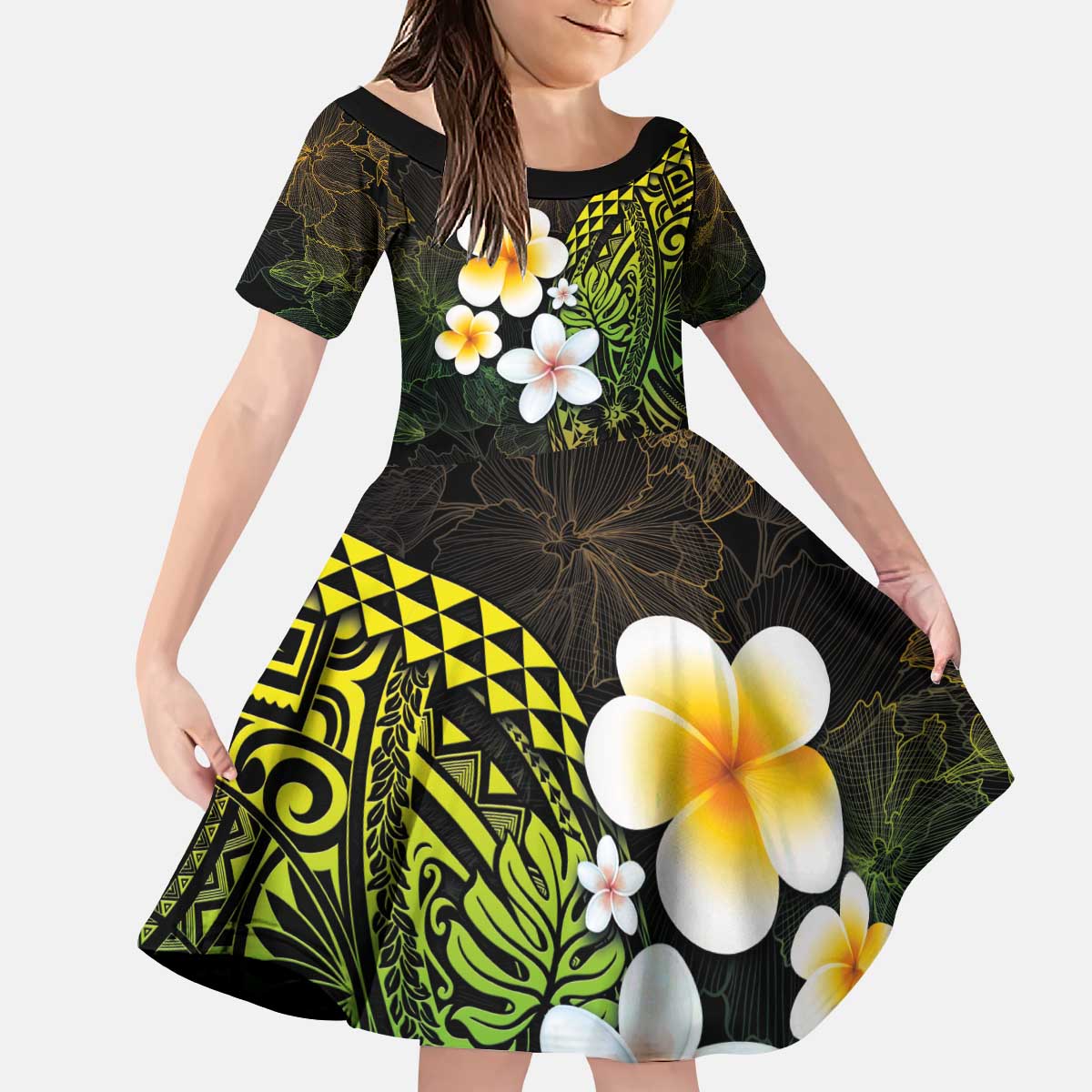 Hawaiian Hibiscus and Plumeria Polynesian Tribal Tattoo Family Matching Puletasi and Hawaiian Shirt Reggae Color LT03 Daughter's Dress Reggae - Polynesian Pride