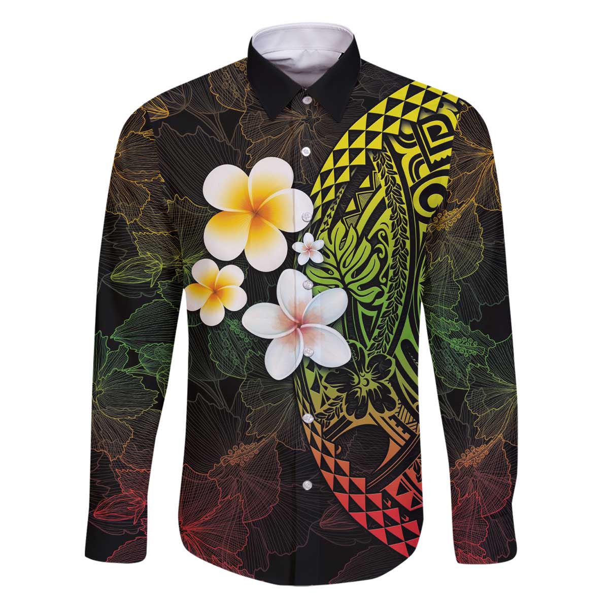 Hawaiian Hibiscus and Plumeria Polynesian Tribal Tattoo Family Matching Puletasi and Hawaiian Shirt Reggae Color LT03 Dad's Shirt - Long Sleeve Reggae - Polynesian Pride